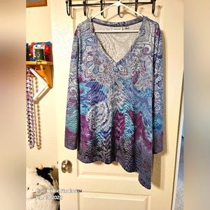 Avenue Purple Paisley V-Neck Long Sleeve Beaded Sweatshirt Plus Size 22/24